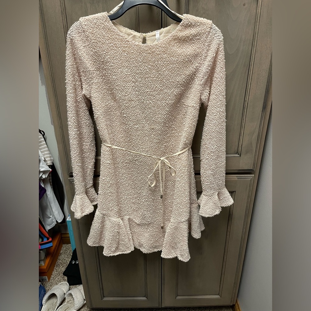 Selfie Leslie Cream/beige textured Dress with Ruffle Hem and key hole back